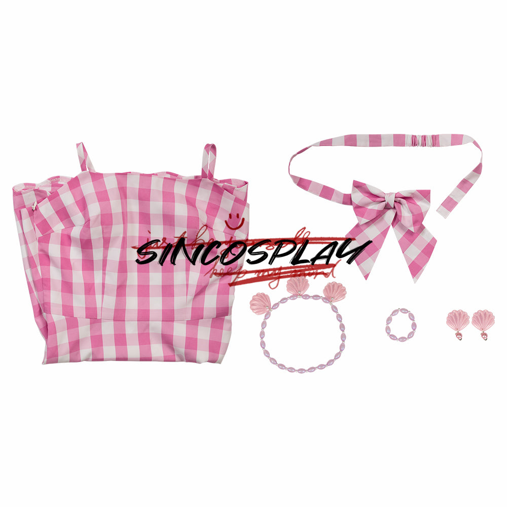 Barbie Pink Suspender Checkered Dress Cosplay Costume